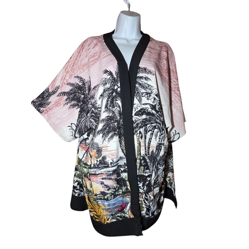 Tropical Scene Kimono Swim Coverup/Cardigan Top Half-Sleeve W Black Trim L/XL